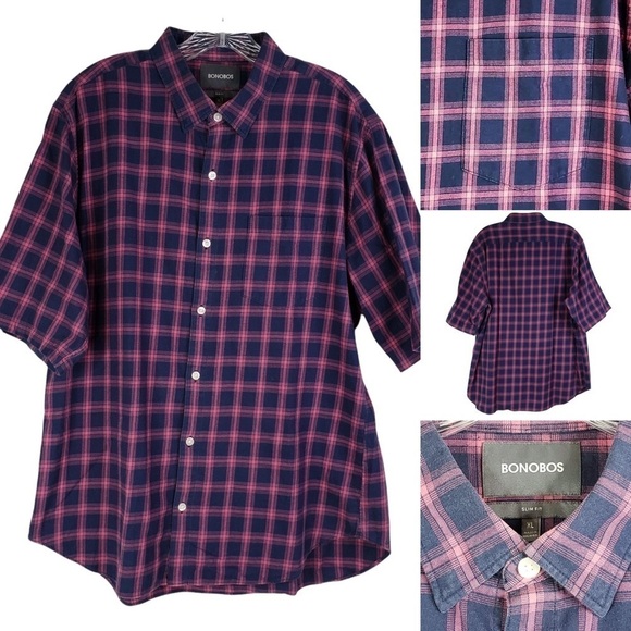 Bonobos Men's Check Plaid Short Sleeve Slim Fit Button Down Oxford Shirt XL - Picture 1 of 5